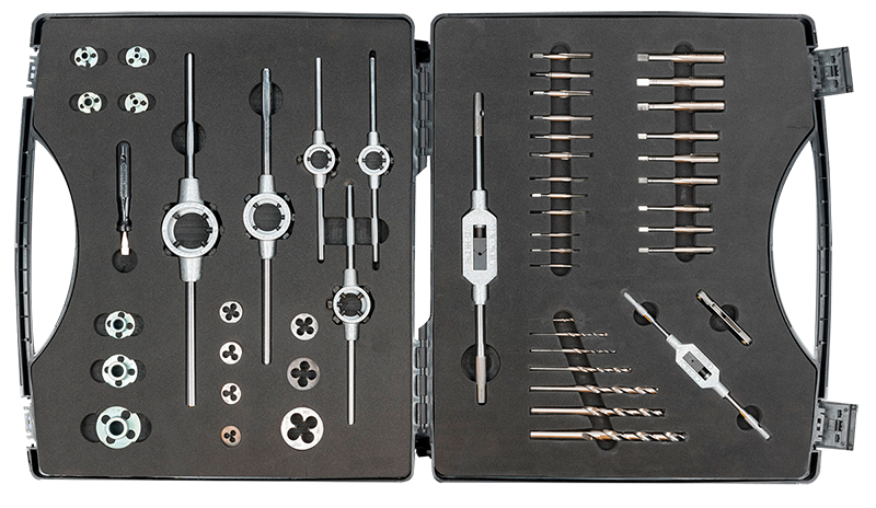 Elora Gewindeschneidsortiment HSS, 49-teilig, zum Innen- und Außengewindeschneiden M3 bis M12, Modell 1363-S