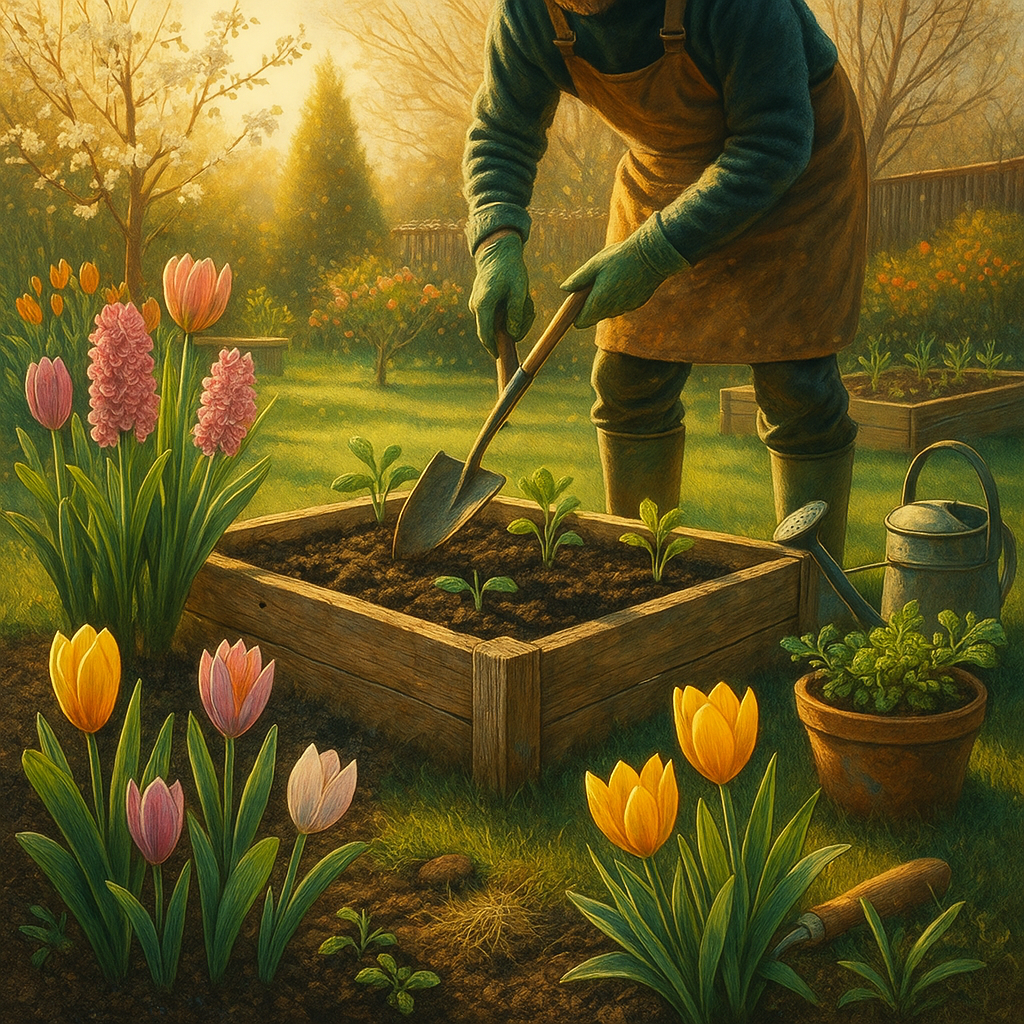 Frühlingsgarten im April mit blühenden Tulpen und Narzissen, frisches Grün in sonniger Gartenlandschaft