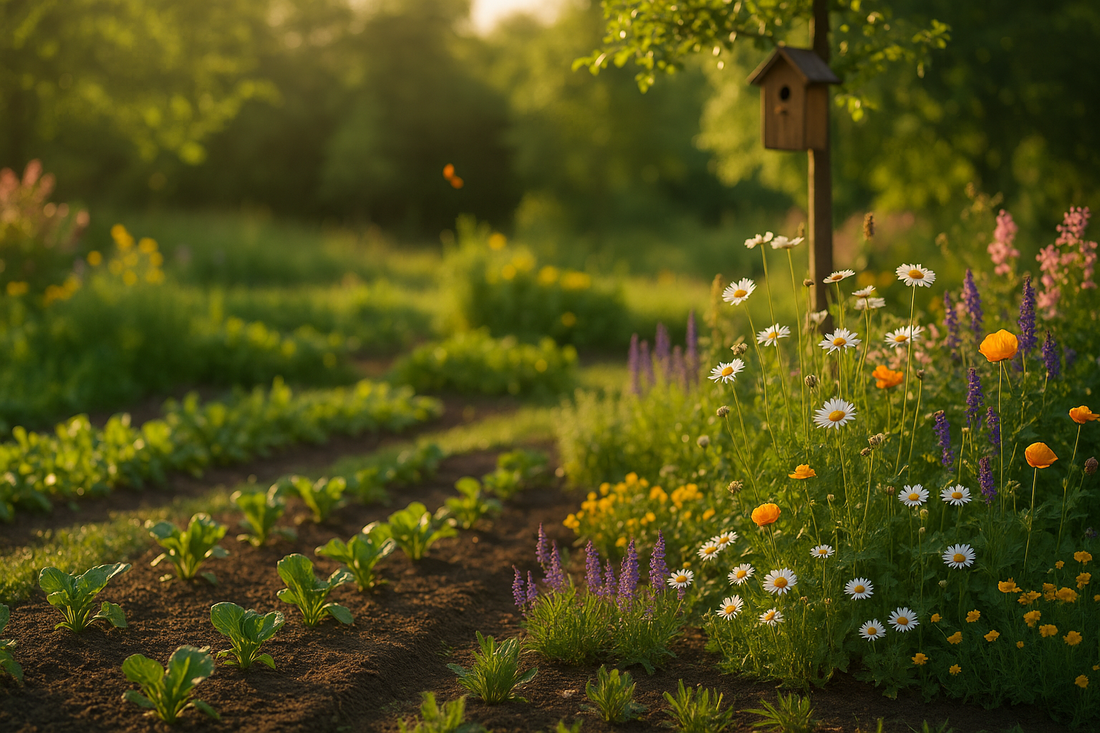Lebendiger Frühlingsgarten im Mai mit Gemüsebeet, Blüten und Nistkasten von Schwegler