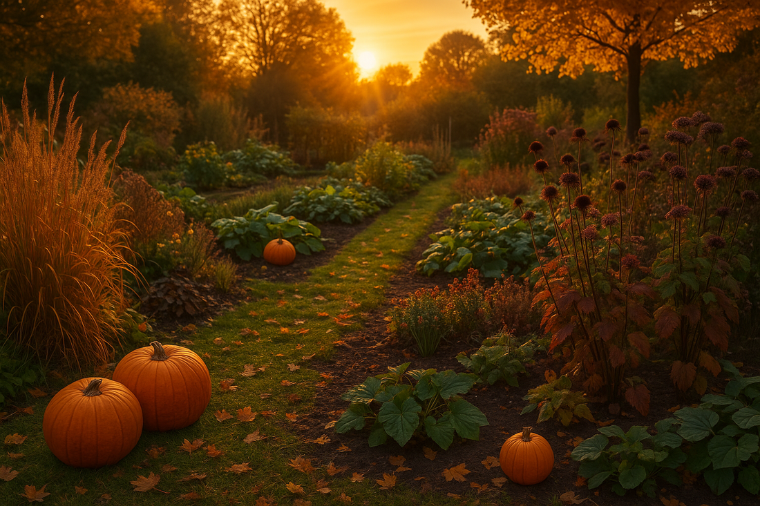 Herbstlicher Garten im Oktober mit Kürbissen, goldener Abendsonne, Stauden und herbstlichem Laub – Titelbild für den 10. Monat.