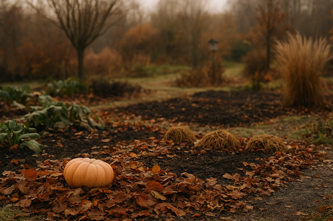 Ruhiger Garten im November mit Laub, Mulch, kahlen Beeten und mildem Winterlicht – perfekt zur Wintervorbereitung.