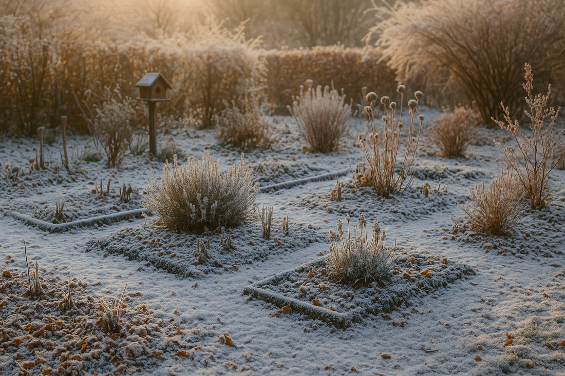 Winterlicher Garten im Dezember mit leichtem Schnee, Raureif, ruhenden Beeten und Frosthauch – perfekte Winterstimmung.