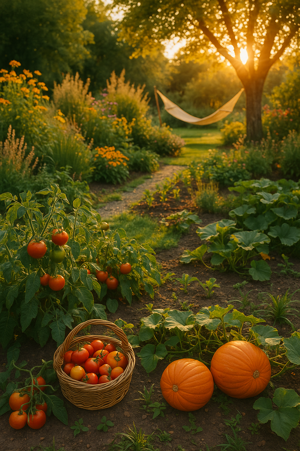 Spätsommerlicher Garten im September mit reifen Tomaten, Kürbissen, Stauden und goldenem Sonnenlicht – perfektes Titelbild für den 9. Monat.