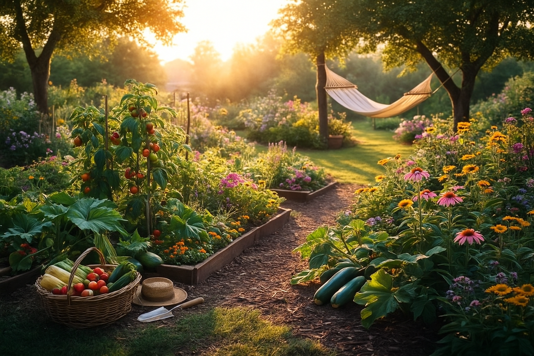 Sommergarten im August bei warmem Abendlicht mit üppigen Beeten, Gemüseernte und einer Hängematte als Ruheoase – Motiv zum Blog Monat VIII.