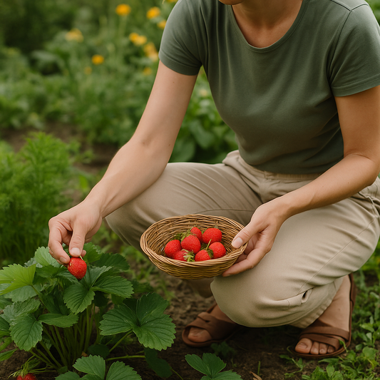 Gärtnerin erntet Erdbeeren im Sommer – erste Ernte im Juni im naturnahen Garten