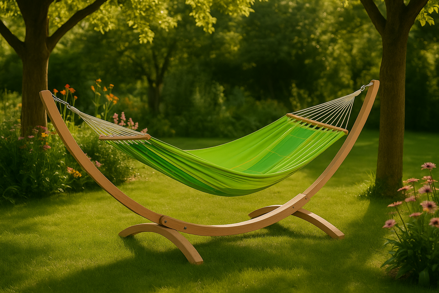 Hängemattengestell mit Hängematte im Garten zwischen Bäumen, grüne Wiese und Sonnenlicht