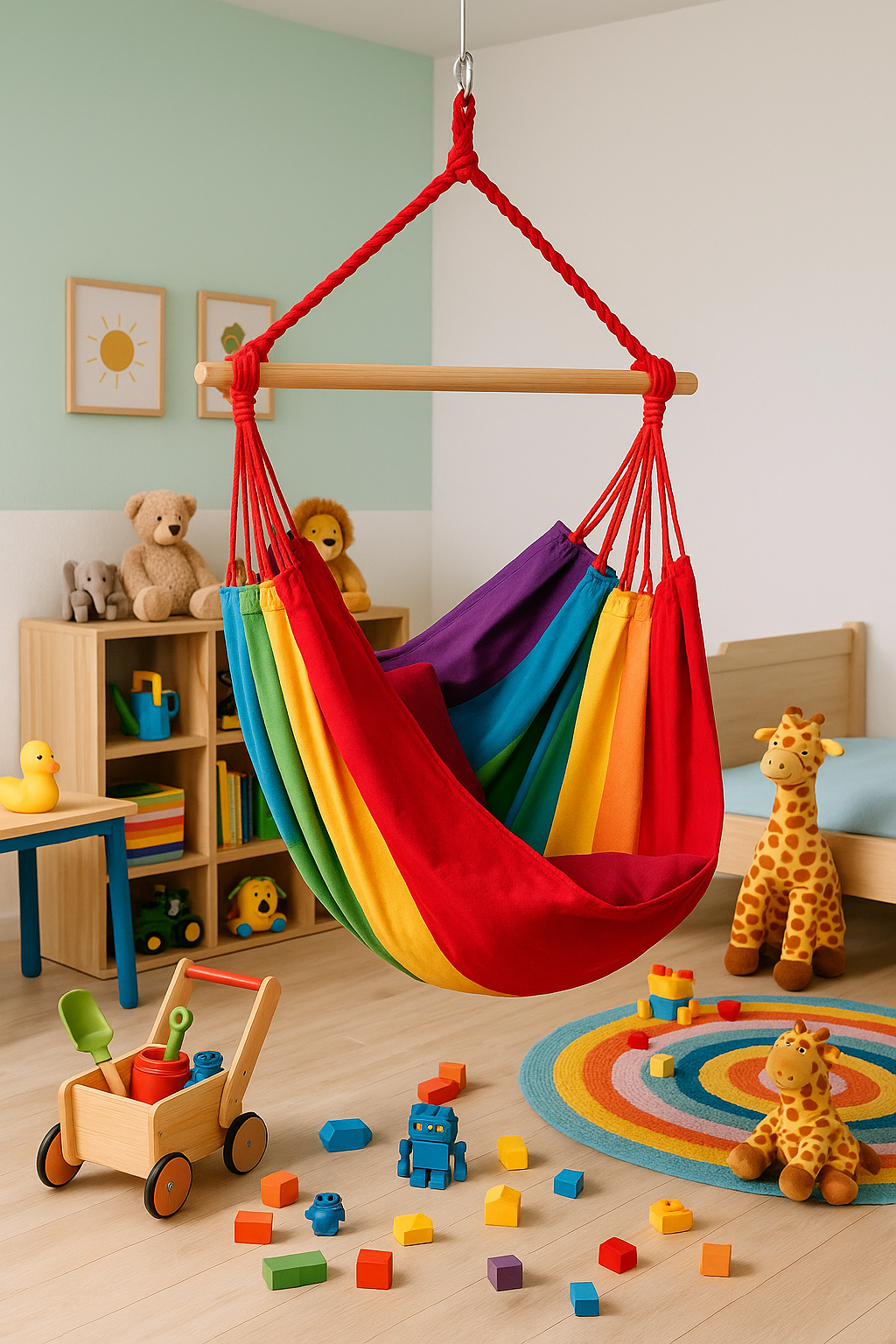 Hängesessel für Kinder im bunten Design in einem gemütlichen Kinderzimmer mit Spielzeug