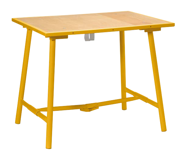 Elora Klapp-Werkbank, zusammenklappbar, Buchenholz-Arbeitsplatte, Stahlrohrgestell, kratzfest ELORA-Gelb, Modell 1815
