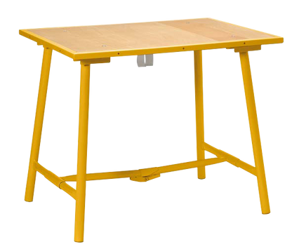 Elora Klapp-Werkbank, zusammenklappbar, Buchenholz-Arbeitsplatte, Stahlrohrgestell, kratzfest ELORA-Gelb, Modell 1815
