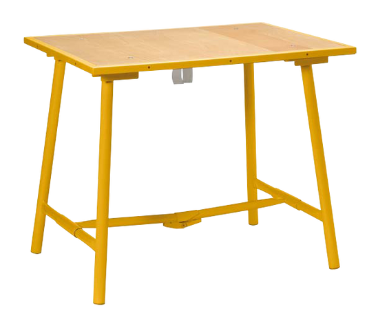 Elora Klapp-Werkbank, zusammenklappbar, Buchenholz-Arbeitsplatte, Stahlrohrgestell, kratzfest ELORA-Gelb, Modell 1815
