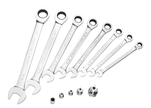 Elora Maulschlüssel-Satz 204-S8M, 8-teilig, mit Ringratschen, matt verchromt, Adapter enthalten

