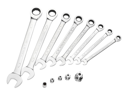 Elora Maulschlüssel-Satz 204-S8M, 8-teilig, mit Ringratschen, matt verchromt, Adapter enthalten
