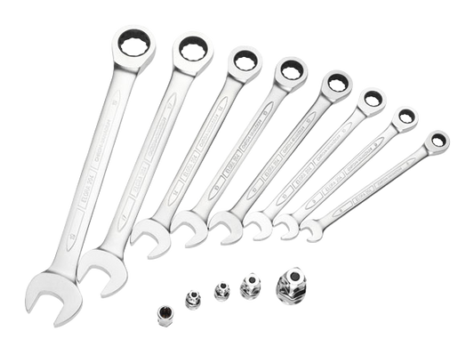 Elora Maulschlüssel-Satz 204-S8M, 8-teilig, mit Ringratschen, matt verchromt, Adapter enthalten
