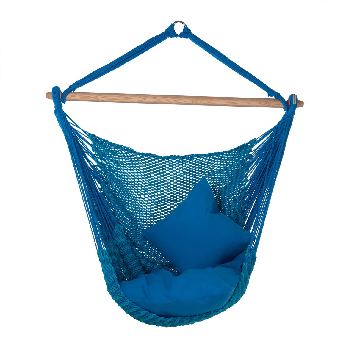Hängesessel BALAO in Farbe azur blau aus Netzgeflecht, montiert mit Holzstab aus Esche