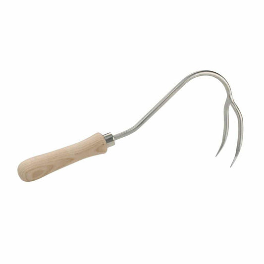 Sneeboer Handkultivator Gebogen 2 mit 2 Zinken, 5,50 cm Edelstahlklinge und 14 cm Eschenholzgriff, Gesamtlänge 34 cm

