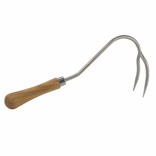 Sneeboer Handkultivator Gebogen mit 2 Zinken, 5,50 cm Edelstahlklinge und 14 cm Kirschenholzgriff, Gesamtlänge 34 cm
