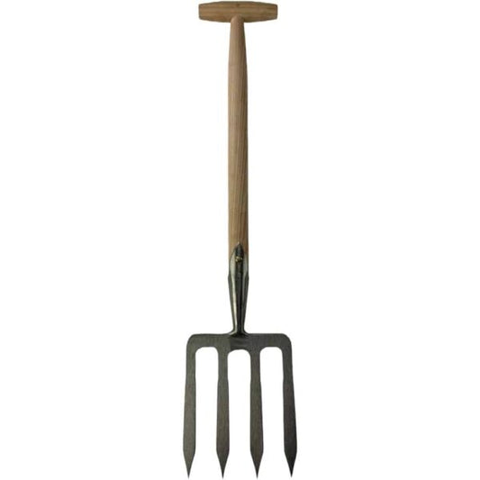 Sneeboer, Rodeforke, Gartenwerkzeug, Edelstahl, Eschenholz, Bodenbearbeitung, Wurzelentfernung, handgefertigt, langlebig, ergonomisch, Rodung, Beetpflege

